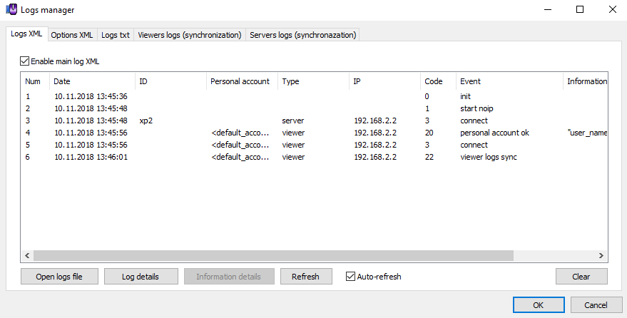 Main window of logs manager.